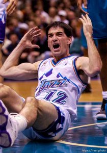 John Stockton gets emotional after being called for a foul in the 4th quarter. Jazz vs. Charlotte Hornets. . 12/04/2001, 8:55:04 PM