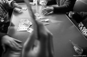 Playing spoons in the cafe are (clockwise from top right) Susan, Matthew, Joseph, and Jeffrey Sisneros (from Brentwood, CA); 03.28.2002, 9:23:54 AM