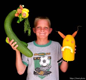 Justin Nelson, trap, club, and rabbit, most creative award. Vegetable Carving Contest. Beaver County Fair.
