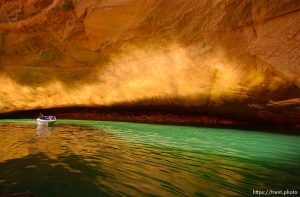 Light plays on the rocks at Cathedral of the Desert, Clear Creek, Lake Powell. Landmarks which had previously been submerged in Glen Canyon are now becoming visible with the lower water levels in Lake Powell.