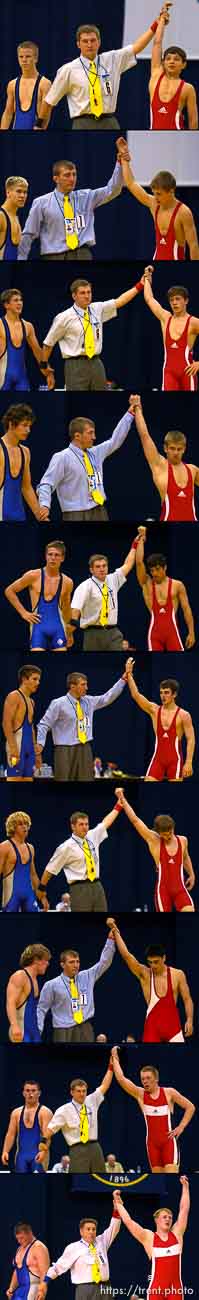 It was a clean sweep in freestyle wrestling at the Moscow-Utah Youth Games, with the Moscow wrestlers winning all ten matches. left to right, top to bottom: 1. 46kg Marcus Maughan (UT) vs. Abdurakhman Bazayev 2. 50kg Colter Thaxton (UT) vs. Yevgeni Steshin 3. 54kg Dave Beagley vs. Gamzat Saiputdinov 4. 58kg Clint Spencer vs. Aleksei Arkhipov 5. 63kg Justin Morrill vs. Vagif Kaziyev 6. 69kg Phillip Rutledge vs. Aslambek Umayev 7. 76kg Robert Atkinson vs. Saidmagomed Umatgeriyev 8. 85kg Michael DeGering vs. Artur Mikoyan 9. 97kg Kevin Slater vs. Dmitri Shepelev 10. 120kg William Green vs. Artem Zaikin. 07/21/2003