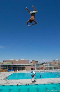 Leaping off the ten meter platform at the Kearns Oquirrh Park Fitness Center in Kearns Wednesday afternoon.
