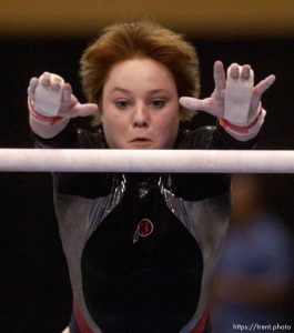 Utah's Veronique LeClerc (256) on bars, NCAA Women's Gymnastics Championships at Pauley Pavilion, UCLA, Los Angeles Thursday evening.