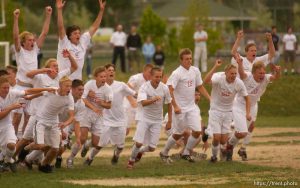 fan in bleachers. Weber defeats Davis high school in a shoot-out, 5A boys State Soccer Tournament, Thursday at Juan Diego High School in Draper .