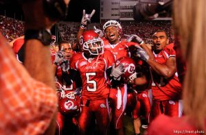 postgame victory celebration. Utah vs. Arizona college football Friday night at Rice-Eccles Stadium.