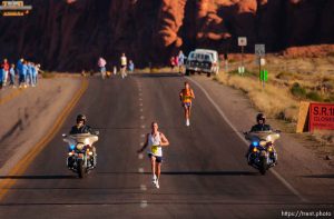 Joe Wilson, winner, passing Isaac Barnes at mile 23. St. George Marathon
