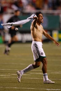 Colorado captain Pablo Mastroeni taunts Real fans after the game. He then stuffed his jersey down his pants and slapped his hip. Real Salt Lake vs. Colorado Rapids MLS soccer at Rice-Eccles Stadium. Rapids win 1-0.; 9.02.2006