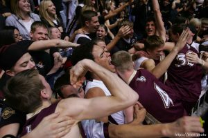lone peak fans and players following the win. Ogden - Lone Peak vs. Riverton High School boys basketball, 5A State Basketball Championship Game at the Dee Events Center