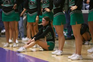 Ogden - Payson cheerleader Kristin Newbold cries on the court after her team lost and Provo took the state championship. Provo vs. Payson High School boys basketball, 4A State Basketball Championship Game at the Dee Events Center Wednesday.