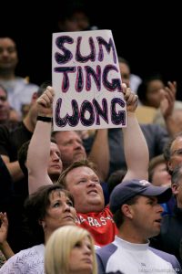 Salt Lake City - Utah Jazz vs. Houston Rockets, game 6, NBA playoffs first round. fan with sign: 