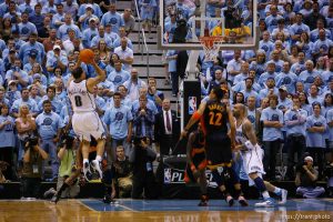 Salt Lake City - Utah Jazz vs. Golden State Warriors, NBA Playoffs basketball, second round, Game Two, at EnergySolutions Arena. Utah Jazz guard Deron Williams (8) makes a shot with 2.3 seconds remaining to tie the game and send it to overtime.