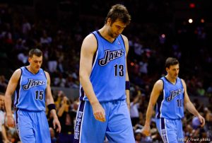 San Antonio - left to right: Utah Jazz forward Matt Harpring (15) , Utah Jazz center Mehmet Okur (13), of Turkey, , and Utah Jazz guard Gordan Giricek (10), of Croatia, walk off the court on a Jazz timeout after the Spurs built a 35-26 lead. Utah Jazz vs. San Antonio Spurs, NBA basketball, Western Conference Finals Game One.
5.20.2007