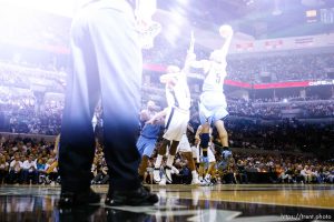 Utah Jazz forward Carlos Boozer (5) shoots over San Antonio Spurs center Francisco Elson (16) San Antonio - Utah Jazz vs. San Antonio Spurs, NBA basketball, Western Conference Finals Game One. 5.20.2007