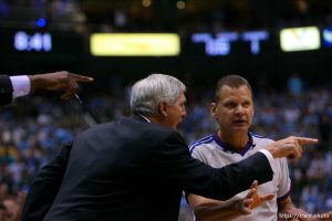 Salt Lake City - Jazz coach Jerry Sloan argues with referee Steve Javie in the 3rd quarter. Utah Jazz vs. San Antonio Spurs, Western Conference Finals game four at EnergySolutions Arena. 5.28.2007