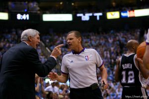 Salt Lake City - Jazz coach Jerry Sloan argues with referee Steve Javie in the 3rd quarter. Utah Jazz vs. San Antonio Spurs, Western Conference Finals game four at EnergySolutions Arena. 5.28.2007