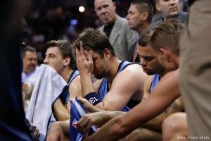 San Antonio - left to right: Utah Jazz guard Gordan Giricek (10), of Croatia,  Utah Jazz center Mehmet Okur (13), of Turkey, Utah Jazz guard Deron Williams (8) on the bench during a timeout in the first quarter, Jazz down 12-4. Utah Jazz vs. San Antonio Spurs, Western Conference Finals game five at the AT&T Center. 5.30.2007