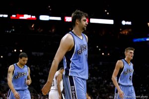 San Antonio - Utah Jazz guard Deron Williams (8), Utah Jazz center Mehmet Okur (13) and Utah Jazz forward Andrei Kirilenko (47), of Russia,  head to the bench for a timeout, 2nd quarter, Jazz down 44-23. Utah Jazz vs. San Antonio Spurs, Western Conference Finals game five at the AT&T Center. 5.30.2007