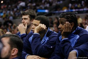 San Antonio - On the bench in the 3rd quarter, Jazz trail by double-digits, Utah Jazz center Mehmet Okur (13, left to right), Utah Jazz guard Deron Williams (8) and Utah Jazz guard Dee Brown (11) Utah Jazz vs. San Antonio Spurs, Western Conference Finals game five at the AT&T Center. 5.30.2007