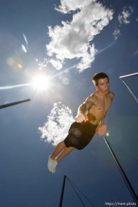Park City - Ski jumper Jay Bowman-Kirigin working out on the trampoline at the Utah Olympic Park.; 6.15.2007
