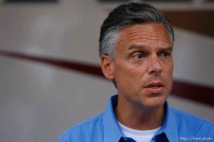 Huntington - Utah Governor Jon Huntsman speaks to reporters Thursday evening at the command post for the Crandall Canyon Mine disaster, where six coal miners remained trapped.