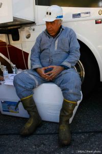 Huntington - Robert Murray, president and CEO of Ohio-based Murray Energy Corp, sits before addressing reporters at the command post in full miners gear Saturday afternoon.