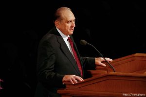 President Thomas S. Monson . Salt Lake City - Funeral for President James E. Faust, a member of the First Presidency of the Church of Jesus Christ of Latter-day Saints. ; 8.14.2007