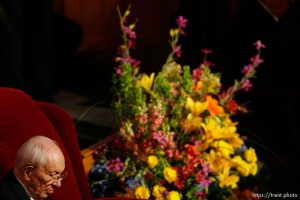 LDS President Gordon B. Hinckley . Salt Lake City - Funeral for President James E. Faust, a member of the First Presidency of the Church of Jesus Christ of Latter-day Saints. ; 8.14.2007