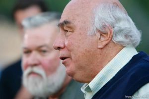Huntington - Robert Murray, owner of the Crandall Canyon Mine, speaks to reporters at a briefing at the rescue effort command headquarters Wednesday evening. Murray announced plans to start a sixth bore hole to search for the missing six miners, saying 