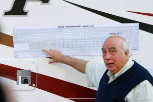 Huntington - Robert Murray, owner of the Crandall Canyon Mine, speaks to reporters at a briefing at the rescue effort command headquarters Wednesday evening. Murray announced plans to start a sixth bore hole to search for the missing six miners, saying 
