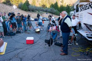 Huntington - Robert Murray, owner of the Crandall Canyon Mine, speaks to reporters at a briefing at the rescue effort command headquarters Wednesday evening. Murray announced plans to start a sixth bore hole to search for the missing six miners, saying 