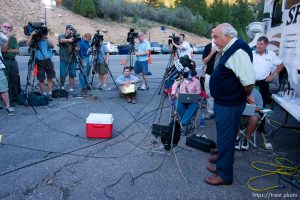 Huntington - Robert Murray, owner of the Crandall Canyon Mine, speaks to reporters at a briefing at the rescue effort command headquarters Wednesday evening. Murray announced plans to start a sixth bore hole to search for the missing six miners, saying 