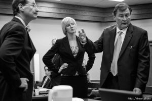 The Warren Jeffs' trial in St. George, Utah. Jeffs, head of the Fundamentalist Church of Jesus Christ of Latter Day Saints, is charged with two counts of rape as an accomplice for allegedly coercing the marriage and rape of a 14-year-old follower to her 19-year-old cousin in 2001.. Utah Assistant Attorney General Craig Barlow. defense attorney Walter Bugden. defense attorney Tara Isaacson