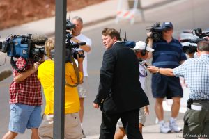 The Warren Jeffs' trial in St. George, Utah. Jeffs, head of the Fundamentalist Church of Jesus Christ of Latter Day Saints, is charged with two counts of rape as an accomplice for allegedly coercing the marriage and rape of a 14-year-old follower to her 19-year-old cousin in 2001.. apparent followers of warren jeffs' flds church. willie jessop removed from courtroom.