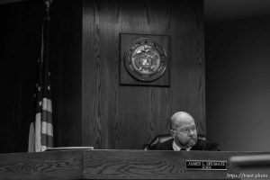 The Warren Jeffs' trial in St. George, Utah. Jeffs, head of the Fundamentalist Church of Jesus Christ of Latter Day Saints, is charged with two counts of rape as an accomplice for allegedly coercing the marriage and rape of a 14-year-old follower to her 19-year-old cousin in 2001.. Judge James Shumate