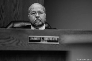 The Warren Jeffs' trial in St. George, Utah. Jeffs, head of the Fundamentalist Church of Jesus Christ of Latter Day Saints, is charged with two counts of rape as an accomplice for allegedly coercing the marriage and rape of a 14-year-old follower to her 19-year-old cousin in 2001.. Judge James Shumate