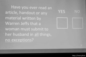 The Warren Jeffs' trial in St. George, Utah. Jeffs, head of the Fundamentalist Church of Jesus Christ of Latter Day Saints, is charged with two counts of rape as an accomplice for allegedly coercing the marriage and rape of a 14-year-old follower to her 19-year-old cousin in 2001.