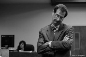 The Warren Jeffs' trial in St. George, Utah. Jeffs, head of the Fundamentalist Church of Jesus Christ of Latter Day Saints, is charged with two counts of rape as an accomplice for allegedly coercing the marriage and rape of a 14-year-old follower to her 19-year-old cousin in 2001.. defense attorney Walter Bugden