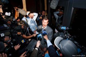 Warren Jeffs attorney Walter Bugden and media. St. George - Polygamous sect leader Warren Jeffs was sentenced Tuesday, November 20, 2007 after being found guilty on two counts of rape as an accomplice, in St. George, Utah. Jeffs, head of the Fundamentalist Church of Jesus Christ of Latter Day Saints, was found guilty of two counts of rape as an accomplice for allegedly coercing the marriage and rape of a 14-year-old follower to her 19-year-old cousin in 2001. ; 11.20.2007