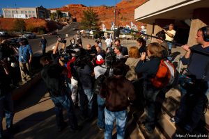 Warren Jeffs attorney Walter Bugden and media. St. George - Polygamous sect leader Warren Jeffs was sentenced Tuesday, November 20, 2007 after being found guilty on two counts of rape as an accomplice, in St. George, Utah. Jeffs, head of the Fundamentalist Church of Jesus Christ of Latter Day Saints, was found guilty of two counts of rape as an accomplice for allegedly coercing the marriage and rape of a 14-year-old follower to her 19-year-old cousin in 2001. ; 11.20.2007