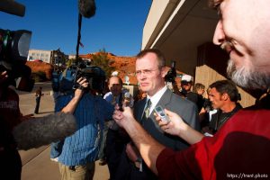 Washington County Attorney Brock Belnap and media. St. George - Polygamous sect leader Warren Jeffs was sentenced Tuesday, November 20, 2007 after being found guilty on two counts of rape as an accomplice, in St. George, Utah. Jeffs, head of the Fundamentalist Church of Jesus Christ of Latter Day Saints, was found guilty of two counts of rape as an accomplice for allegedly coercing the marriage and rape of a 14-year-old follower to her 19-year-old cousin in 2001. ; 11.20.2007