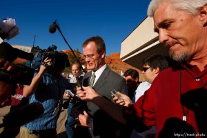 Washington County Attorney Brock Belnap and media. St. George - Polygamous sect leader Warren Jeffs was sentenced Tuesday, November 20, 2007 after being found guilty on two counts of rape as an accomplice, in St. George, Utah. Jeffs, head of the Fundamentalist Church of Jesus Christ of Latter Day Saints, was found guilty of two counts of rape as an accomplice for allegedly coercing the marriage and rape of a 14-year-old follower to her 19-year-old cousin in 2001. ; 11.20.2007
