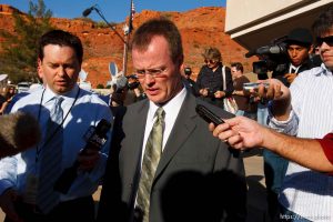 Washington County Attorney Brock Belnap and media. St. George - Polygamous sect leader Warren Jeffs was sentenced Tuesday, November 20, 2007 after being found guilty on two counts of rape as an accomplice, in St. George, Utah. Jeffs, head of the Fundamentalist Church of Jesus Christ of Latter Day Saints, was found guilty of two counts of rape as an accomplice for allegedly coercing the marriage and rape of a 14-year-old follower to her 19-year-old cousin in 2001. ; 11.20.2007