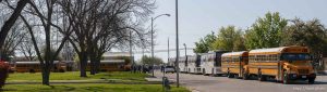 Eldorado - Buses lined up to take FLDS women and children from the YFZ Ranch to Fort Concho in San Angelo Sunday, April 6, 2008.