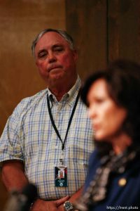 San Angelo - Marleigh Meisner, spokesperson for Texas Department of Family and Protective Services, speaks at a press conference near Fort Concho Tuesday, April 15, 2008. In the background is state representative Drew Darby.. Tuesday April 15, 2008.