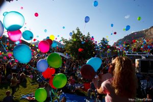 Helper - Kristin Kimber Tiller, whose ex-husband, Brandon, was one of the three killed rescuers in the Crandall Canyon Mine rescue attempt, leads the release of more than 2,000 balloons at the Helper Arts and Music Festival Friday, August 15 2008, the eve of the one-year anniversary of an implosion that killed three rescuers and injured six others trying to reach six miners trapped by the catastrophic collapse of the mine's walls on Aug. 6. 
