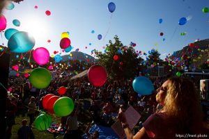 Helper - Kristin Kimber Tiller, whose ex-husband, Brandon, was one of the three killed rescuers in the Crandall Canyon Mine rescue attempt, leads the release of more than 2,000 balloons at the Helper Arts and Music Festival Friday, August 15 2008, the eve of the one-year anniversary of an implosion that killed three rescuers and injured six others trying to reach six miners trapped by the catastrophic collapse of the mine's walls on Aug. 6. 