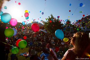 Helper - Kristin Kimber Tiller, whose ex-husband, Brandon, was one of the three killed rescuers in the Crandall Canyon Mine rescue attempt, leads the release of more than 2,000 balloons at the Helper Arts and Music Festival Friday, August 15 2008, the eve of the one-year anniversary of an implosion that killed three rescuers and injured six others trying to reach six miners trapped by the catastrophic collapse of the mine's walls on Aug. 6. 