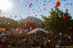 Helper - Kristin Kimber Tiller, whose ex-husband, Brandon, was one of the three killed rescuers in the Crandall Canyon Mine rescue attempt, leads the release of more than 2,000 balloons at the Helper Arts and Music Festival Friday, August 15 2008, the eve of the one-year anniversary of an implosion that killed three rescuers and injured six others trying to reach six miners trapped by the catastrophic collapse of the mine's walls on Aug. 6. 