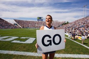 Provo - BYU vs. Northern Iowa college football Saturday, August 30, 2008 at Edwards Stadium. byu cheerleaders with 