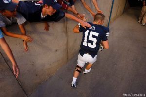 Provo - BYU vs. Northern Iowa college football Saturday, August 30, 2008 at Edwards Stadium. BYU quarterback Max Hall (15) and fans